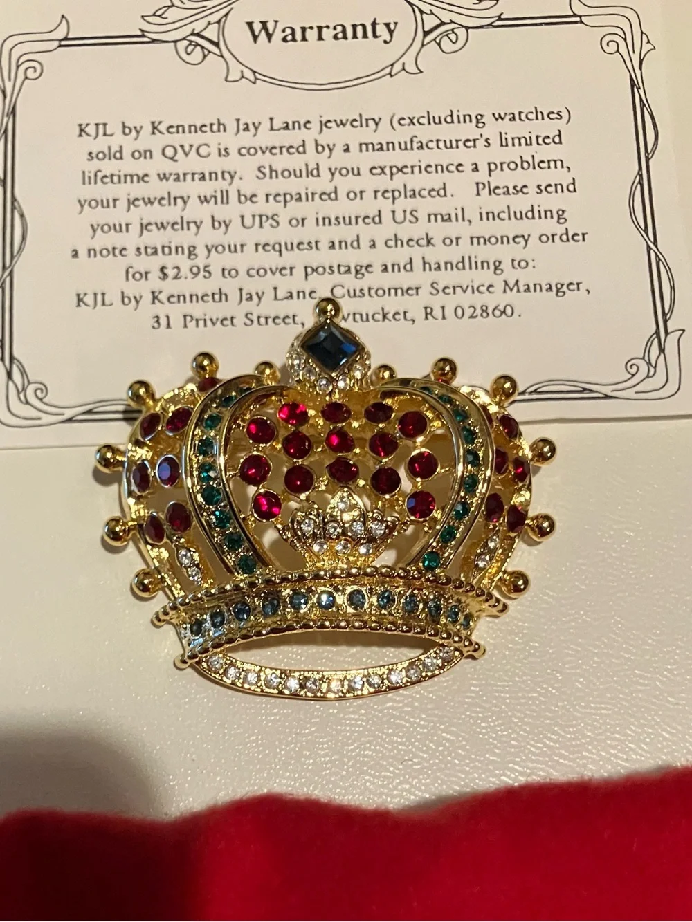 NEW Vintage Kenneth Jay Lane  Gold-Tone Crown Brooch with Red and Green Accents